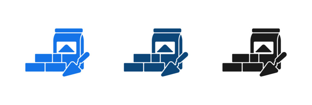 Construction building materials icon set with bricks cement bag and trowel tool.