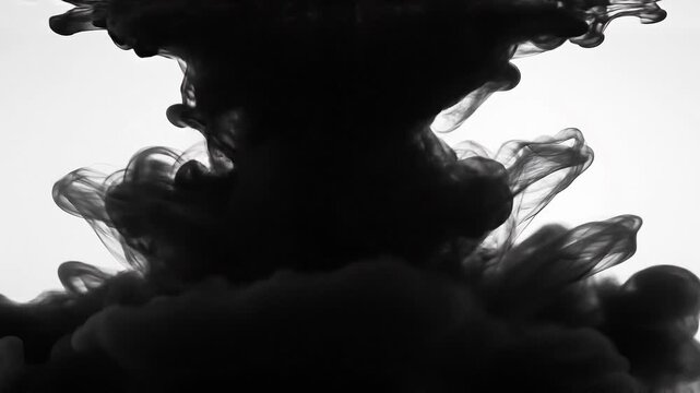 Black ink swirling in water with abstract smoke effects and fluid motion on white background