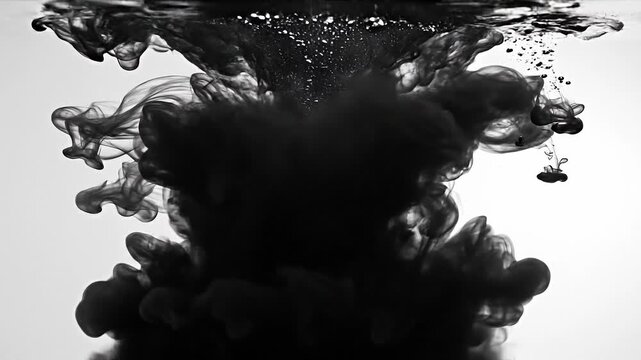 Black ink swirling and mixing in clear water with artistic fluid motion and abstract patterns