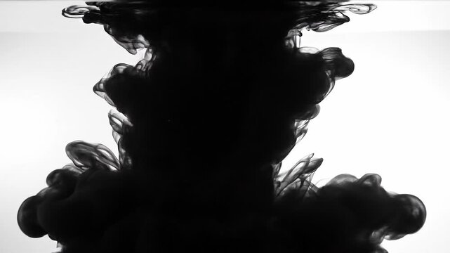 Black ink swirling in water with abstract smoke shapes and fluid motion on white background