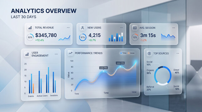 Clean glassmorphism analytics dashboard interface with frosted data cards and financial performance charts