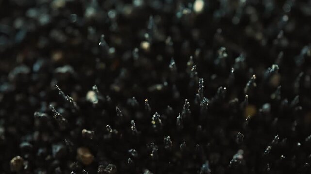 Magnetic fluid ferrofluid spikes reacting to magnetic field and changing shape close up.