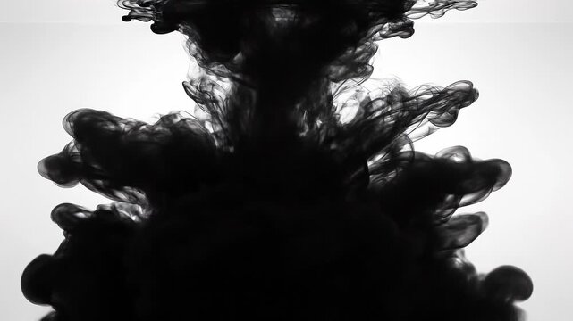 Black ink swirling in water creating abstract shapes and dark smoke effects on white background