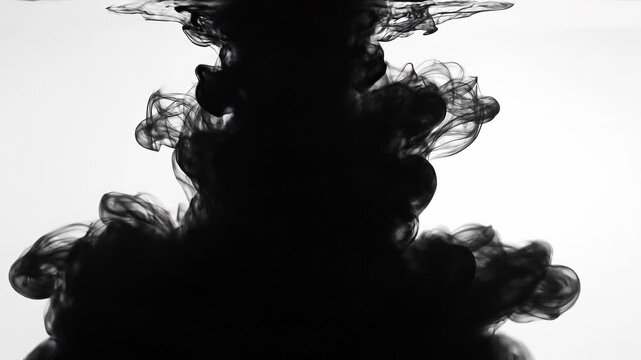 Abstract black ink swirling in water with smoke like effects on white background