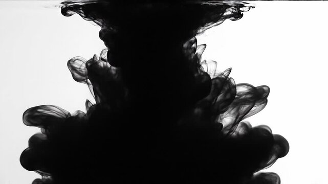 Black ink swirling in water creating abstract dark smoke shapes with high contrast on white background