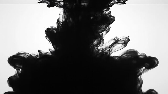 Abstract black ink swirling in water with white background artistic fluid shape