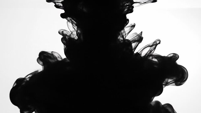 Black ink swirling in water creating abstract fluid art with contrast on white background