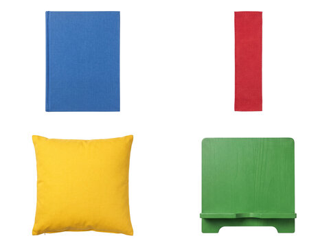 Colorful everyday items photograph featuring a blue book, red bookmark, yellow pillow, and green book stand.