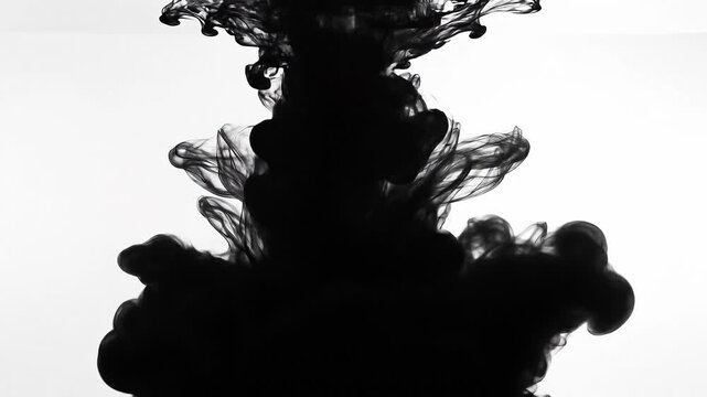 Black ink swirling in water creating abstract smoke shapes on white background
