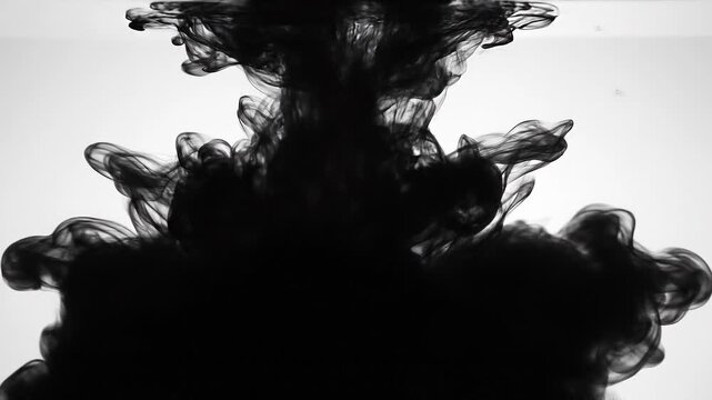 Black ink swirling in water creating abstract smoke-like patterns on white background