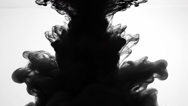 Black ink swirling in water with abstract fluid shapes on white background artistic motion
