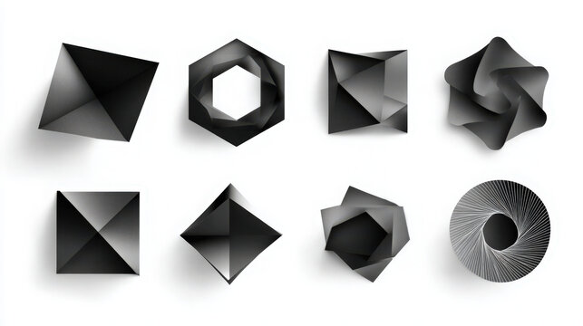 Set of black 3D geometric abstract paper sculptures and faceted polygonal objects on a white background