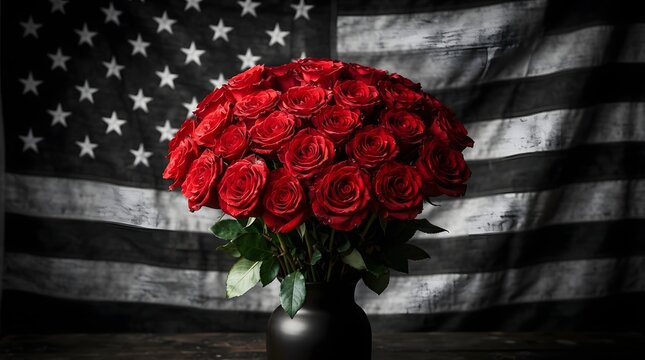 Vibrant red roses in full bloom against a blurred american flag backdrop