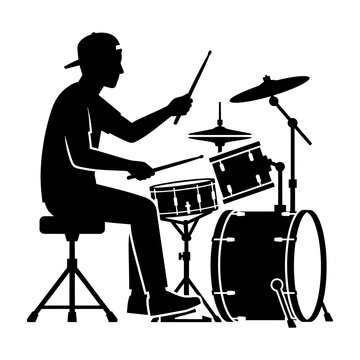 Silhouette of drummer playing drums, music performance, musician with drumsticks and cymbals
