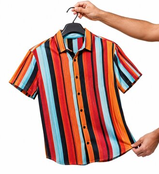 A hand holding a colorful striped short sleeve shirt on a hanger