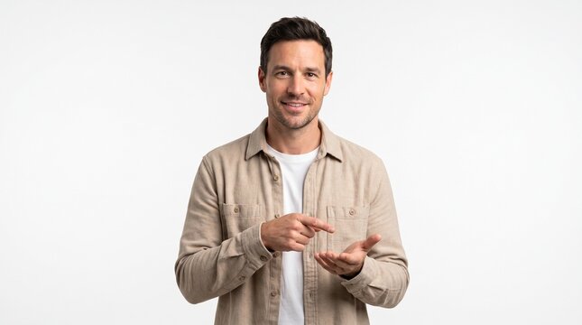 Smiling man pointing both index fingers down at link copy space, ai generated