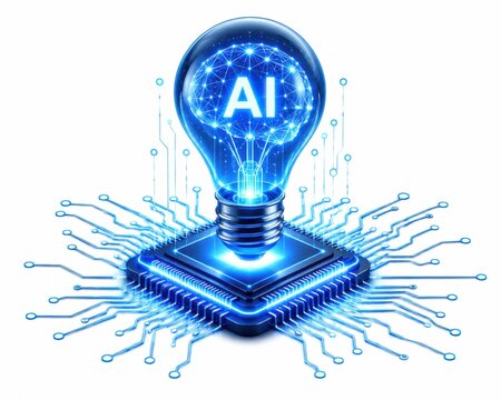 Glowing blue light bulb with ai text on a digital computer processor