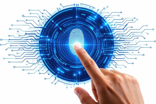 Human finger touching a digital fingerprint scan on a blue light screen