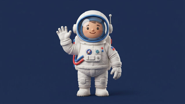 Cartoon Astronaut Waving in White Space Suit.