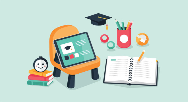 A colorful vector illustration depicting an online study space featuring a tablet, notebook, books, and educational tools.