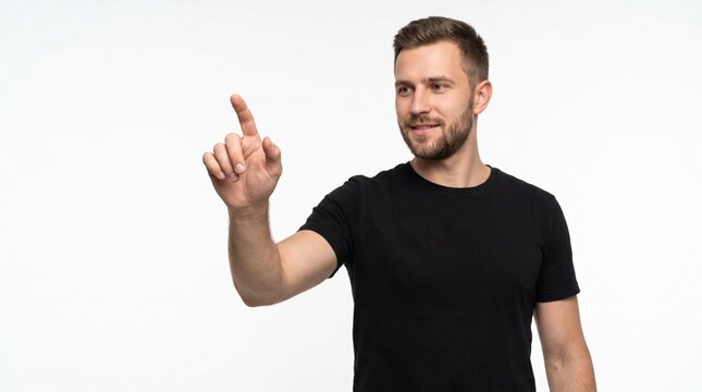 Bearded man pointing index finger at invisible touchscreen, ai generated