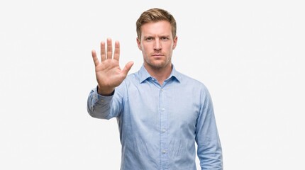 Fototapeta premium Young man raising palm making stop gesture to decline, ai generated