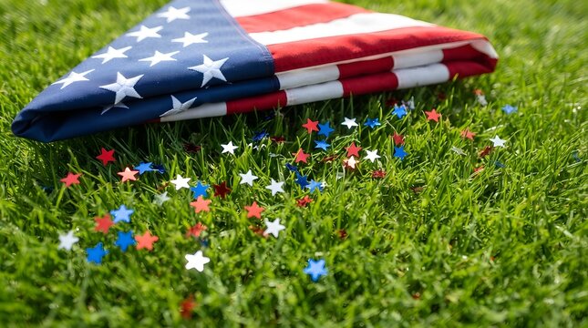 American flag resting in lush green grass on a bright sunny day