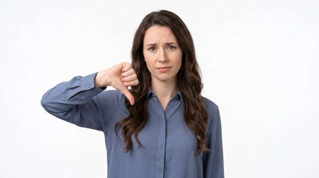 Disappointed woman giving thumbs down sign with sad face, ai generated