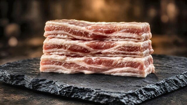 Stack of uncooked bacon slices arranged on a dark stone serving board