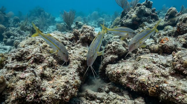 Small Yellowtail Snapper Fish Swimming Above a Textured Coral Reef in the Deep Blue Ocean Water