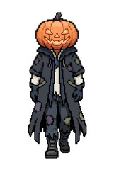 Fototapeta premium Retro pixel art illustration of a Jack-o'-lantern pumpkin-headed character walking forward, full body, isolated on white background 
