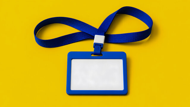 Blue ID card holder on bright yellow background, blank badge with lanyard, flat lay composition with copy space, corporate identification asset