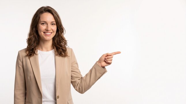 Cheerful woman in blazer extending arm and pointing sideways, ai generated