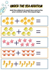 Fototapeta premium Easy addition math worksheet for kids learning basic sums up to ten. Printable educational activity page for kindergarten, preschool, and primary school students.