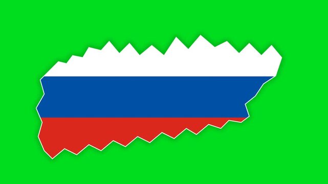 A jagged shaped emblem featuring the horizontal tricolor flag of russia