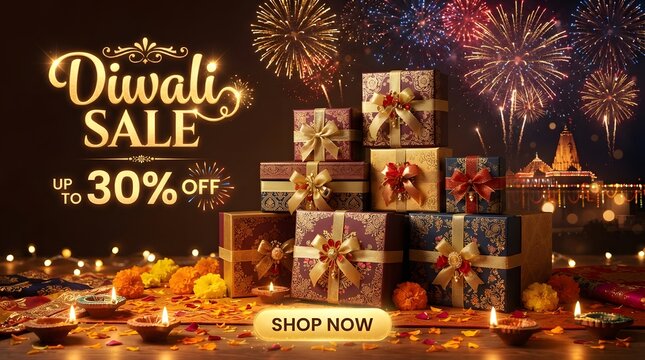 Diwali sale advertisement with gift boxes, fireworks, diya lamps, and shop now button on a dark background