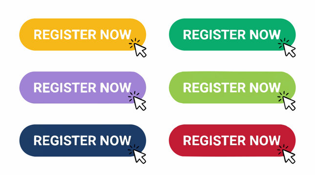 Colorful 'Register Now' web buttons with mouse click cursor icons