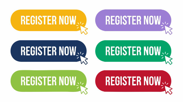 Colorful 'Register Now' Buttons with Mouse Pointer Icons on White Background