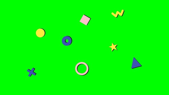 Abstract geometric shapes floating on a vibrant solid green background