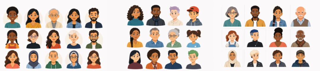 Fototapeta premium Vector Collection of Diverse Cartoon Avatars on a White Background