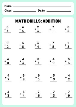 Easy addition math worksheet for kids learning basic sums up to ten. Printable educational activity page for kindergarten, preschool, and primary school students.