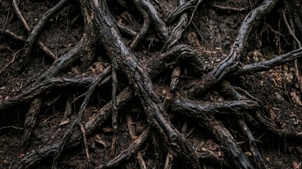 Fototapeta premium Black and brown tree roots twisted into intricate gnarled shapes, tangled naturally across dark earthy ground, mysterious atmosphere, captivating natural intrigue