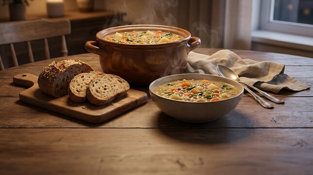 Cheap food ideas for a comforting bowl of warm vegetable soup served with crusty homemade bread