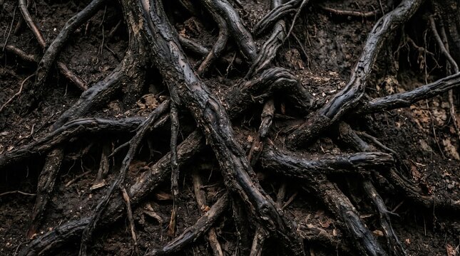Black and brown tree roots twisted into intricate gnarled shapes, tangled naturally across dark earthy ground, mysterious atmosphere, captivating natural intrigue