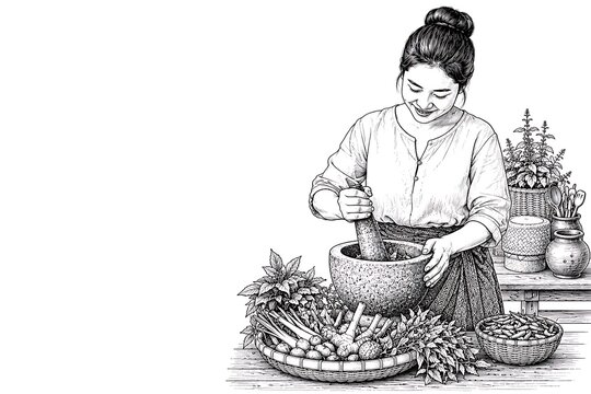 Thai Woman Preparing Herbs with Mortar and Pestle