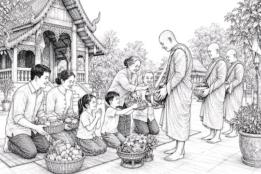 Thai Family Offering Food to Buddhist Monks at Temple