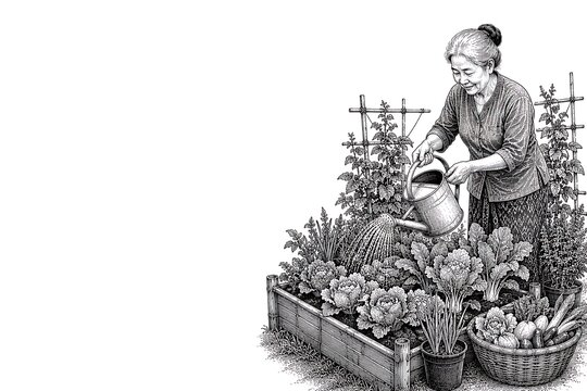 Senior Asian Woman Watering Homegrown Vegetable Garden