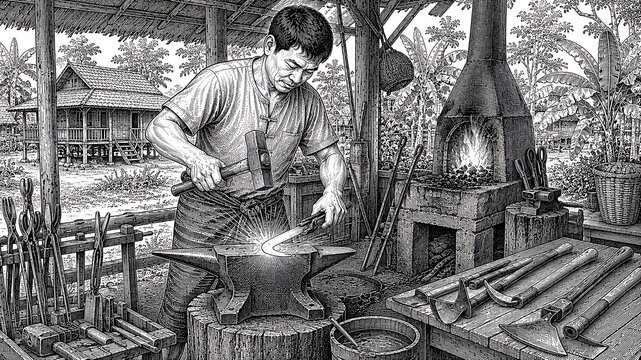 Thai Blacksmith Forging Traditional Tools in Rural Workshop