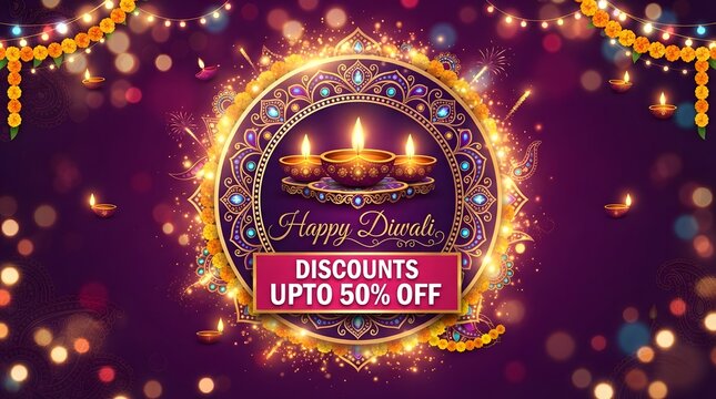 Happy diwali sale banner with glowing diya lamps, ornate mandala pattern, and 50 percent off discount text on a purple festive background