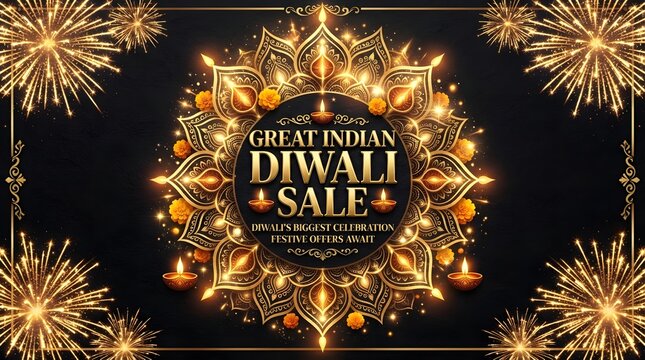 Great indian diwali sale banner with golden mandala pattern, oil lamps and fireworks on a dark background